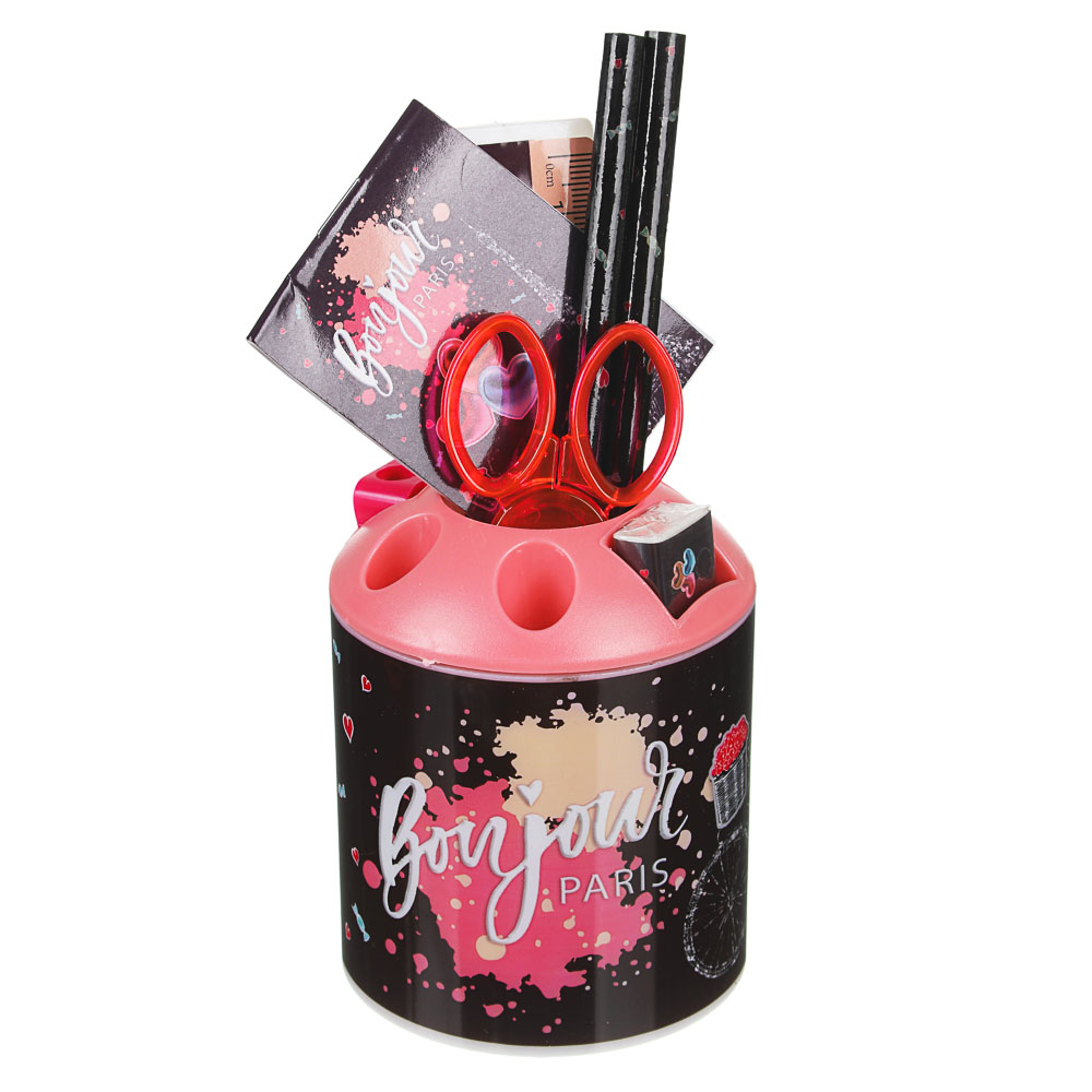 Набор канц.в стакане, 8 предметов: линейка,2карандаша, точилка, ластик, ножницы, блокнот, 4 дизайна, арт.№ 234-030