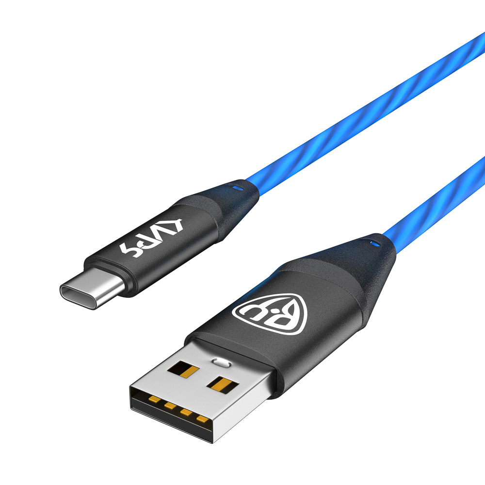 BY Киря Кабель для зарядки Светящийся Type-C, 1м, Быстрая зарядка 3А, QC, PD 36W, синяя подсветка, арт.№ 931-525