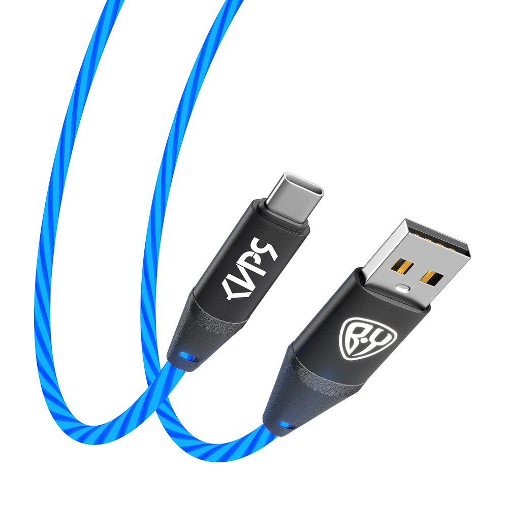 BY Киря Кабель для зарядки Светящийся Type-C, 1м, Быстрая зарядка 3А, QC, PD 36W, синяя подсветка, арт.№ 931-525