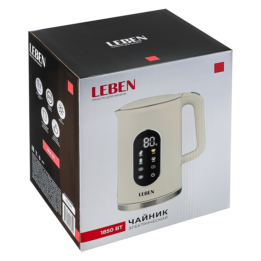 LEBEN Чайник электрический 1,7л двойные стенки пластик/нерж сталь, поддерж.температуры, оливк.и беж., арт.№ 291-135