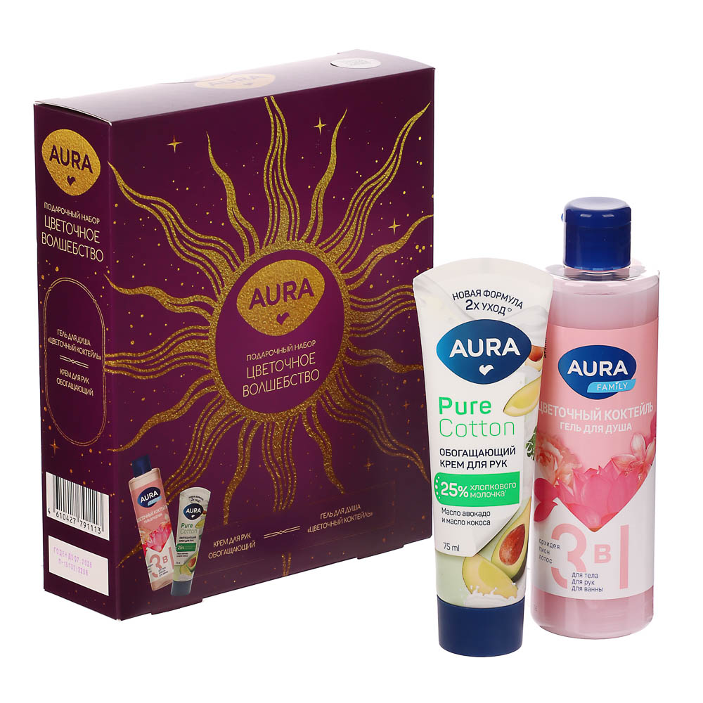 Подарочный набор женский AURA: Гель д/душа Цветочный коктейль 250мл+Крем д/рук Обогащающий, 75мл, арт.№ 937-178