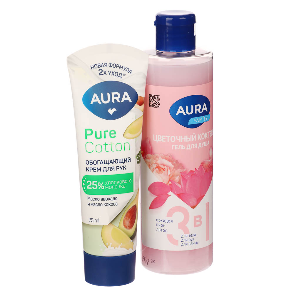 Подарочный набор женский AURA: Гель д/душа Цветочный коктейль 250мл+Крем д/рук Обогащающий, 75мл, арт.№ 937-178