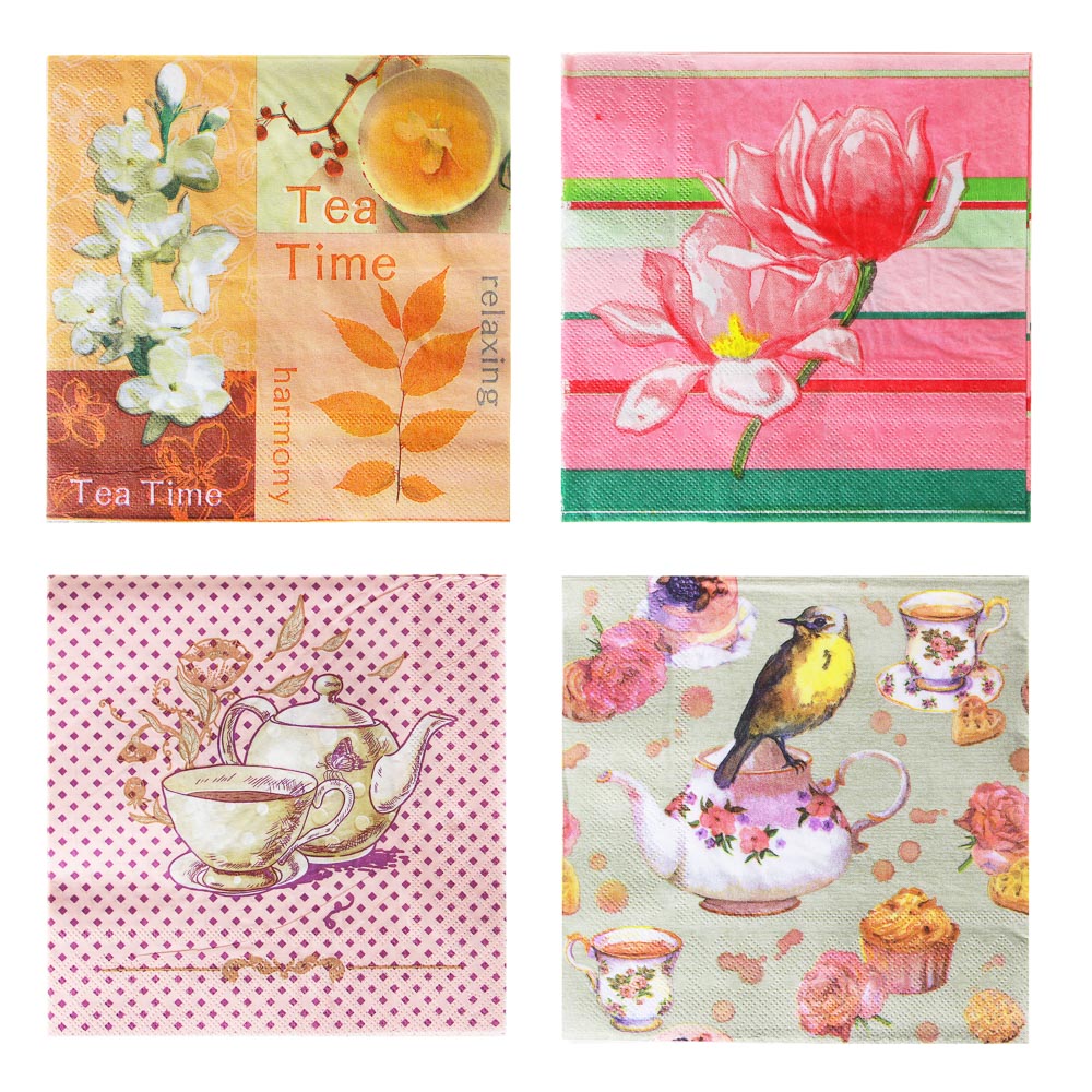 Салфетки бумажные 20шт, двухслойные, 33x33см "Цветочные мотивы", 4 дизайна, Дизайны ГЦ, арт.№ 437-252