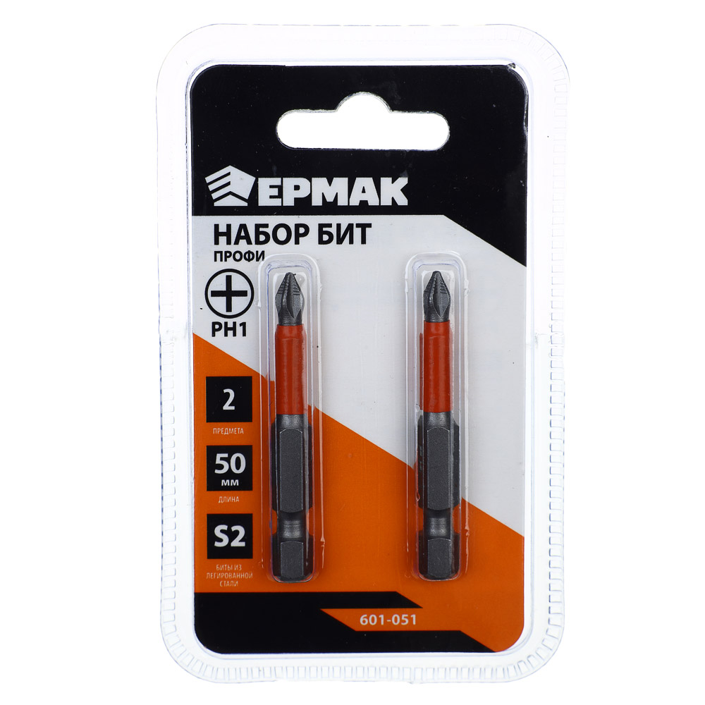 ЕРМАК Биты для шуруповерта PH1 длина 50 мм, сталь S2, 2 штуки, ПРОФИ СЕРИЯ, арт.№ 601-051