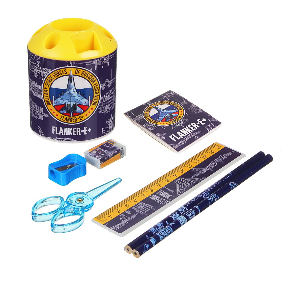 Фланкер Набор канц.в стакане, 8 предметов: линейка,2 карандаша, точилка, ластик, ножницы, блокнот, арт.№ 234-027