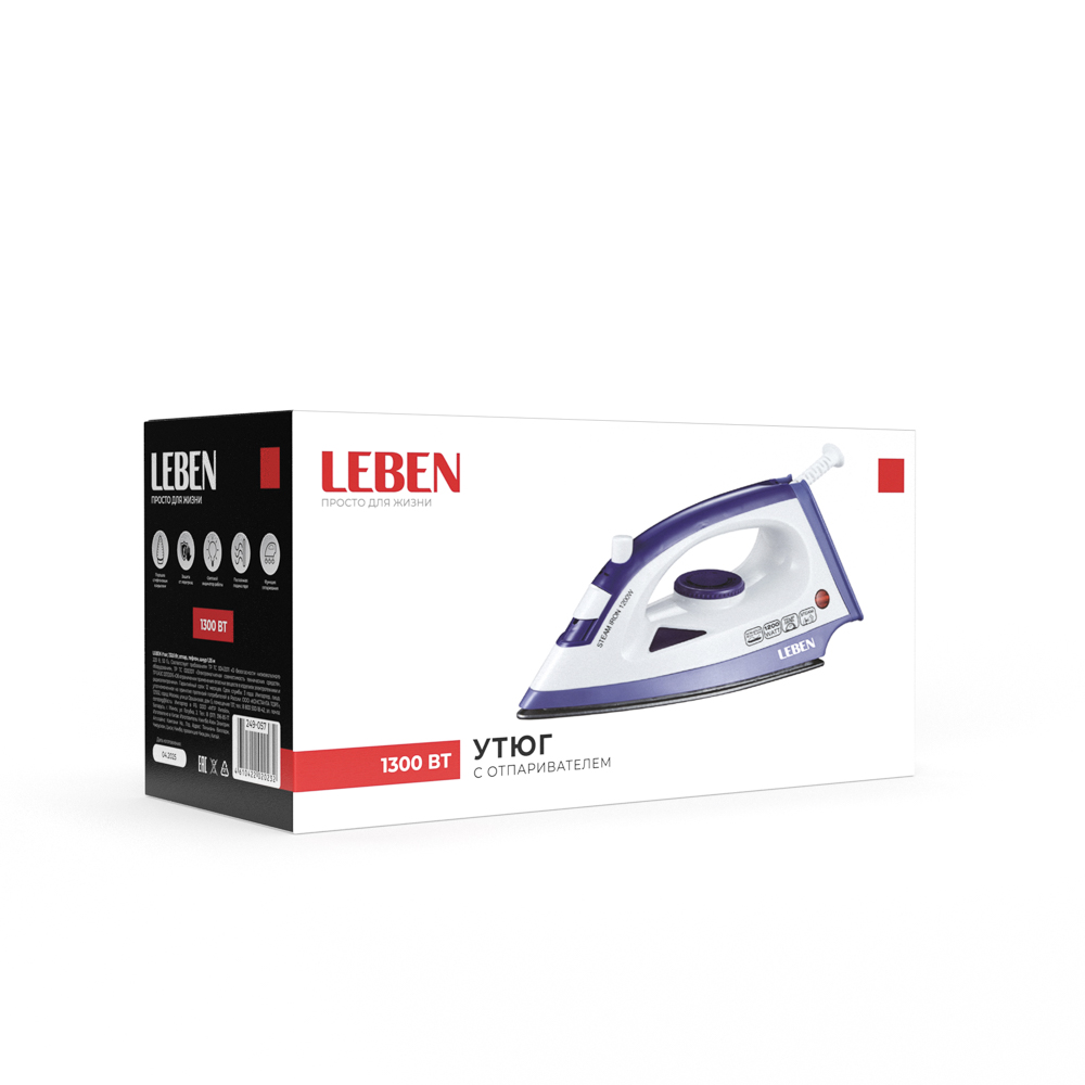 LEBEN Утюг 1300ВТ отпар, тефлон шнур 1,35м, арт.№ 249-057
