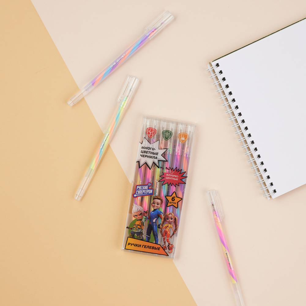 BY Русские Супергерои Набор ручек гелевых, 6шт, многоцв., флуор.чернила, 1,2мм, "Джуниор", ПВХ бокс, арт.№ 627-007