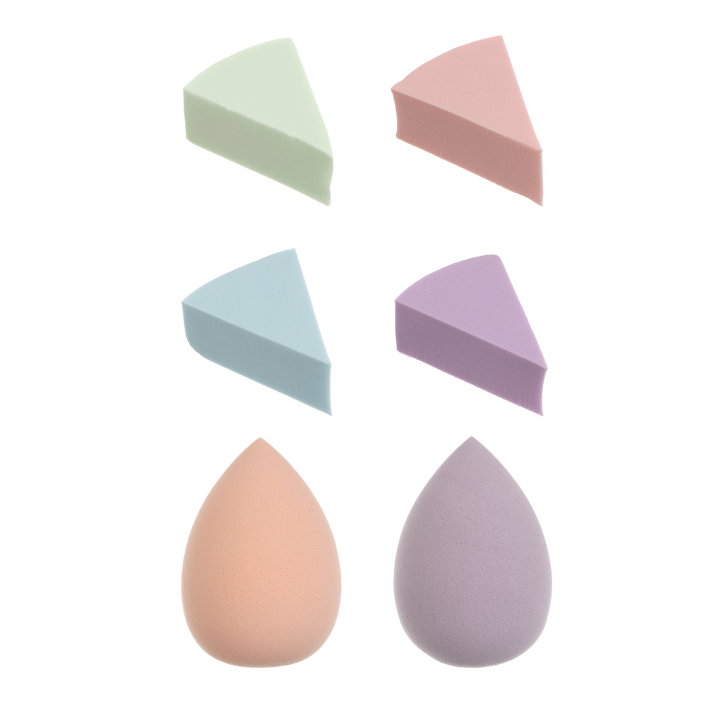Набор спонжи для макияжа 6 шт тм ЮНИLOOK (блендер 6х4см 2 шт, спонж 4х1,8х3см 4 шт), 3 цвета, арт.№ 357-390