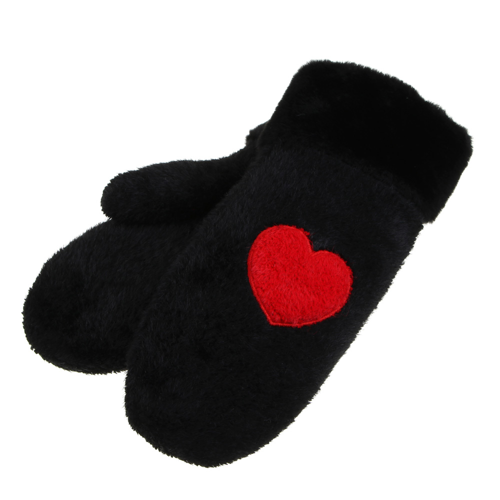 GALANTE Рукавицы женские пушистые с аппликацией сердце, р-р 18-20, черный, СЗМП24-18, арт.№ 363-414