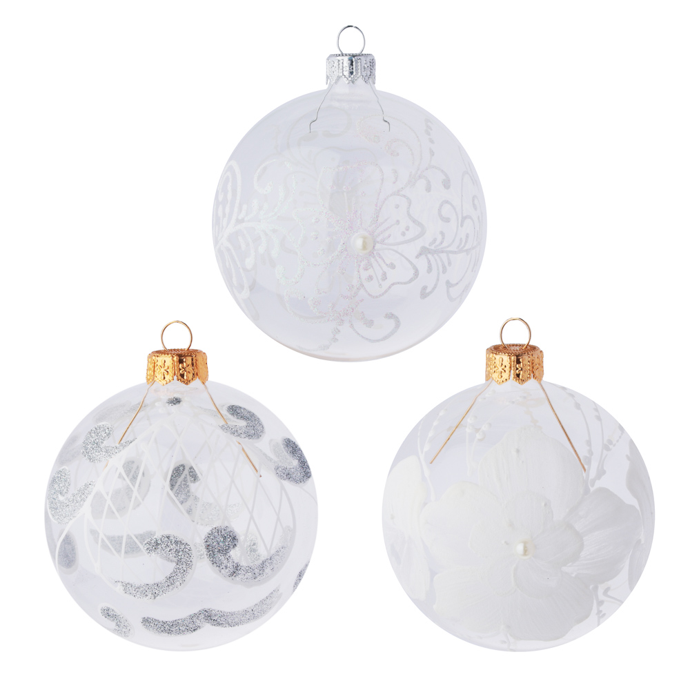 СНОУ БУМ Шар ручной работы "Зимний узор", 85 мм, стекло, 3 дизайна, арт.№ 368-081