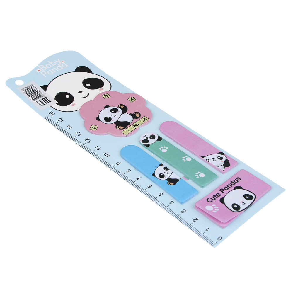 Закладки с клеевым краем фигурные, линейка 16см, 6,7х21,5см, 15 листов, 4 дизайна, Панда, арт.№ 533-048