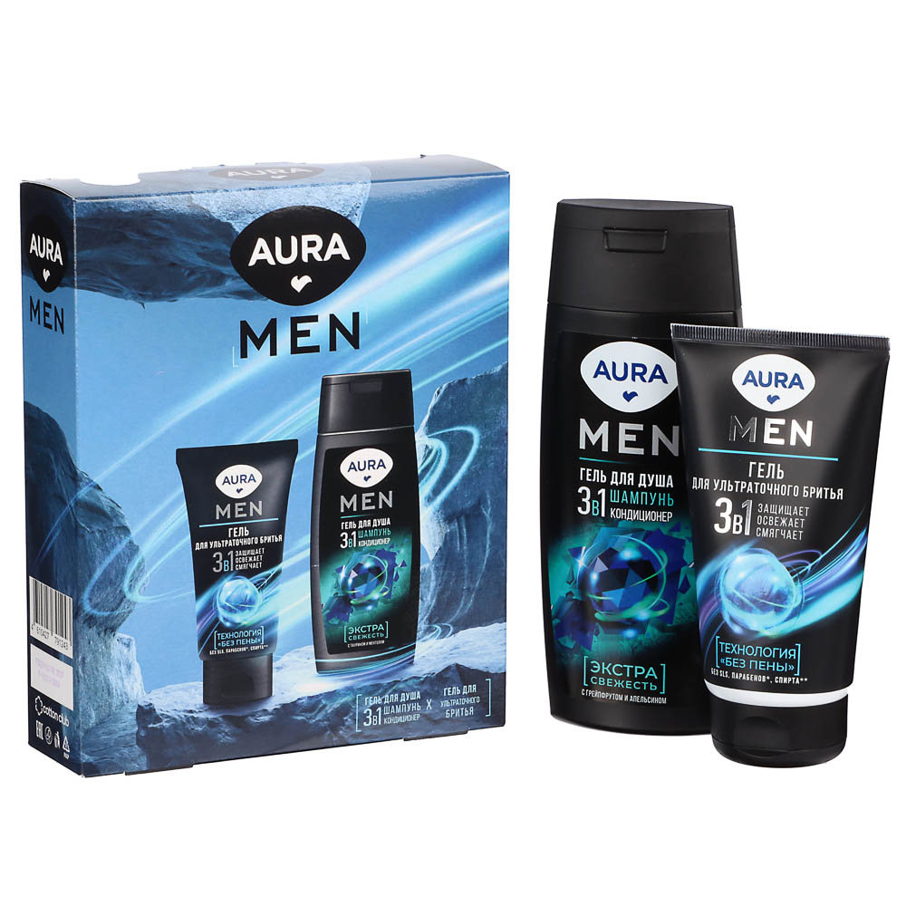 Подарочный набор мужской AURA MEN: Гель д/душа Экстра свежесть, 250мл+Гель д/бритья, 150мл, арт.№ 954-057