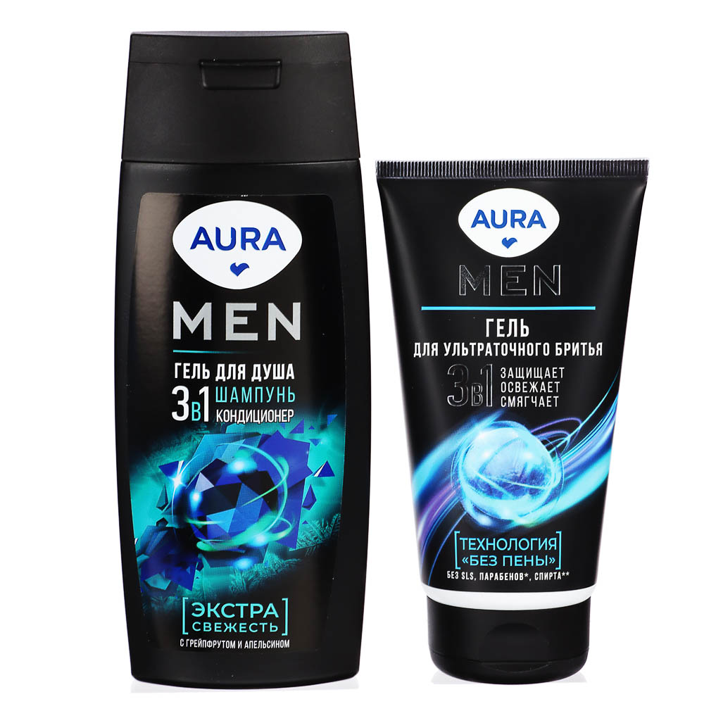 Подарочный набор мужской AURA MEN: Гель д/душа Экстра свежесть, 250мл+Гель д/бритья, 150мл, арт.№ 954-057