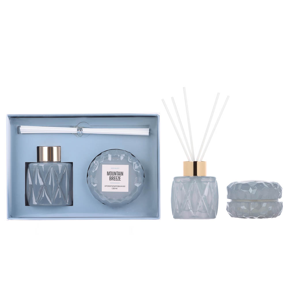 Набор ароматизатор-диффузор и свеча тм NEW GALAXY 50 мл,45 гр, Amb.Patchouli,Cash.vanilla, M. Breeze, арт.№ 778-365