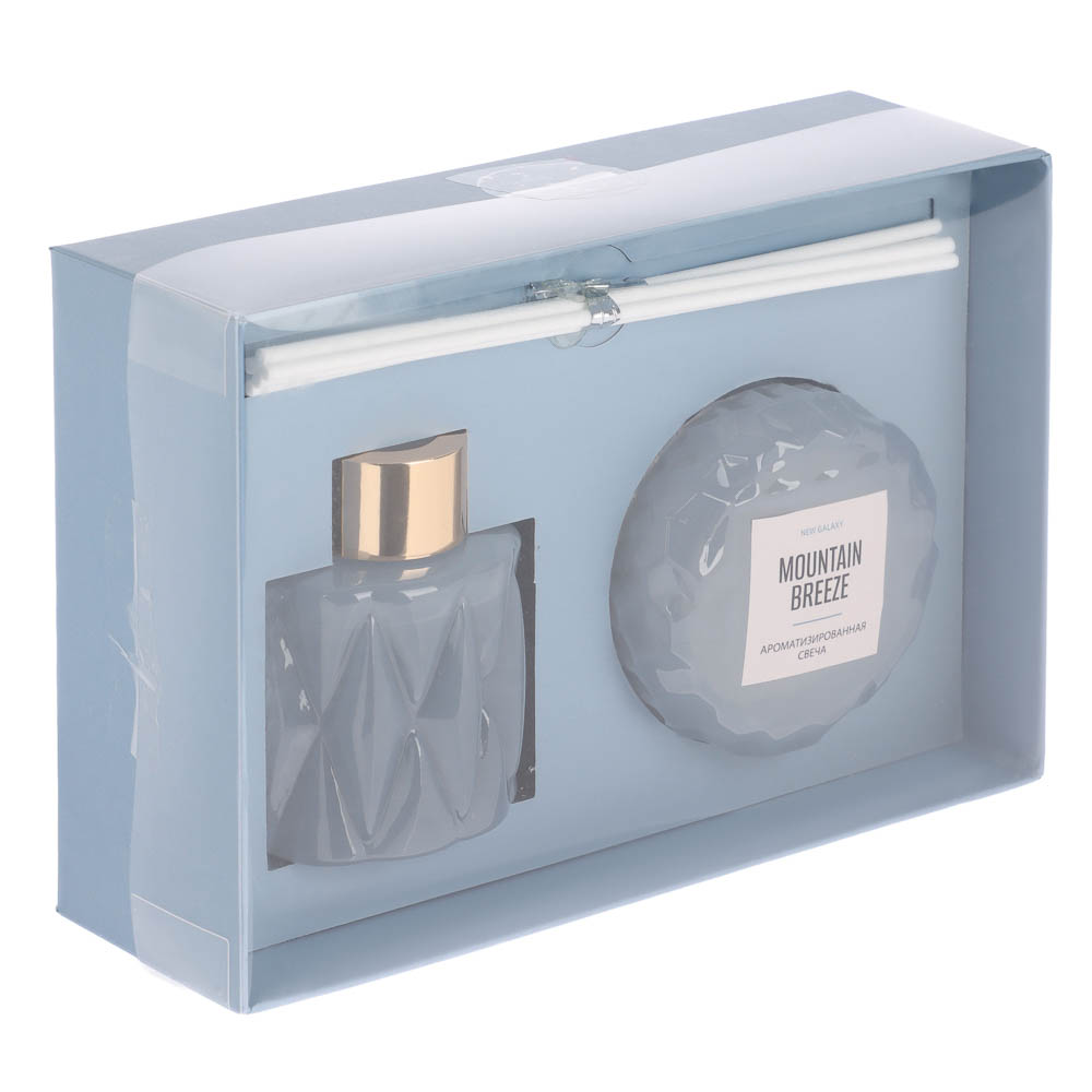 Набор ароматизатор-диффузор и свеча тм NEW GALAXY 50 мл,45 гр, Amb.Patchouli,Cash.vanilla, M. Breeze, арт.№ 778-365