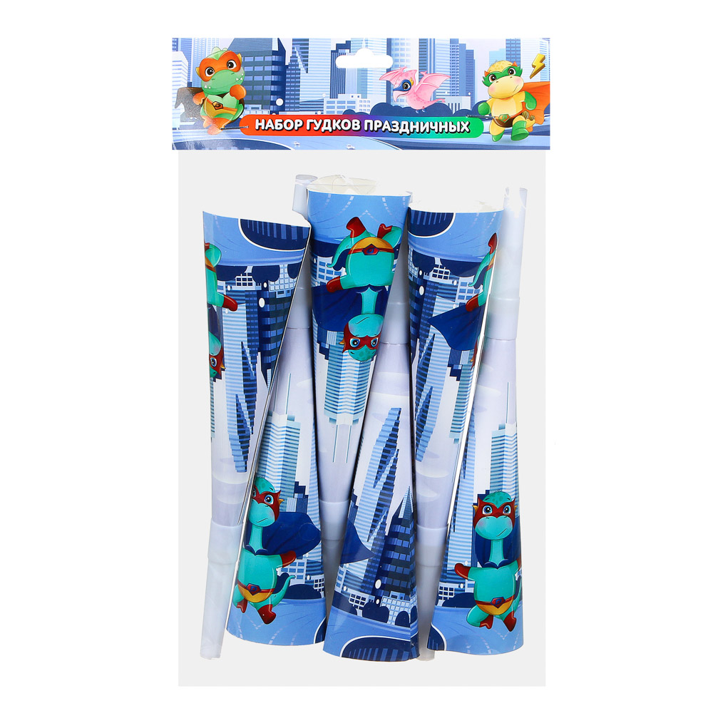 Набор гудков 6шт, праздничных, 20,5х3,5см, бумага, пластик, с изображением динозавриков, арт.№ 585-040