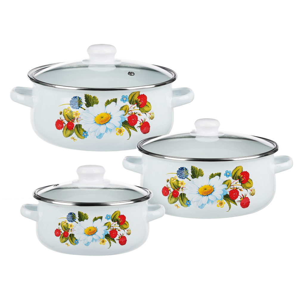 Набор эмалированных кастрюль со стекл. крышками, 6пр. (18/22/24см, 1,5/3/4л) "Леона", индукция, арт.№ 894-460