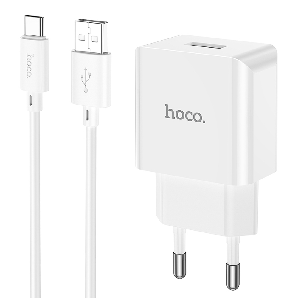 Сетевое зарядное устройство с кабелем hoco. модель C106A, USB-A 10.5Вт, каб Type-C 1м, цвет: белый, арт.№ 916-317