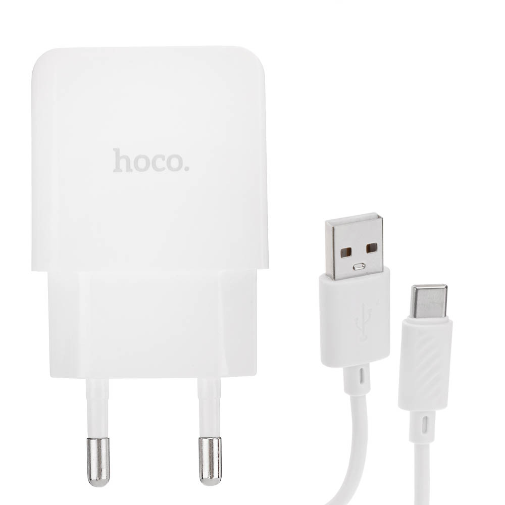Сетевое зарядное устройство с кабелем hoco. модель C106A, USB-A 10.5Вт, каб Type-C 1м, цвет: белый, арт.№ 916-317