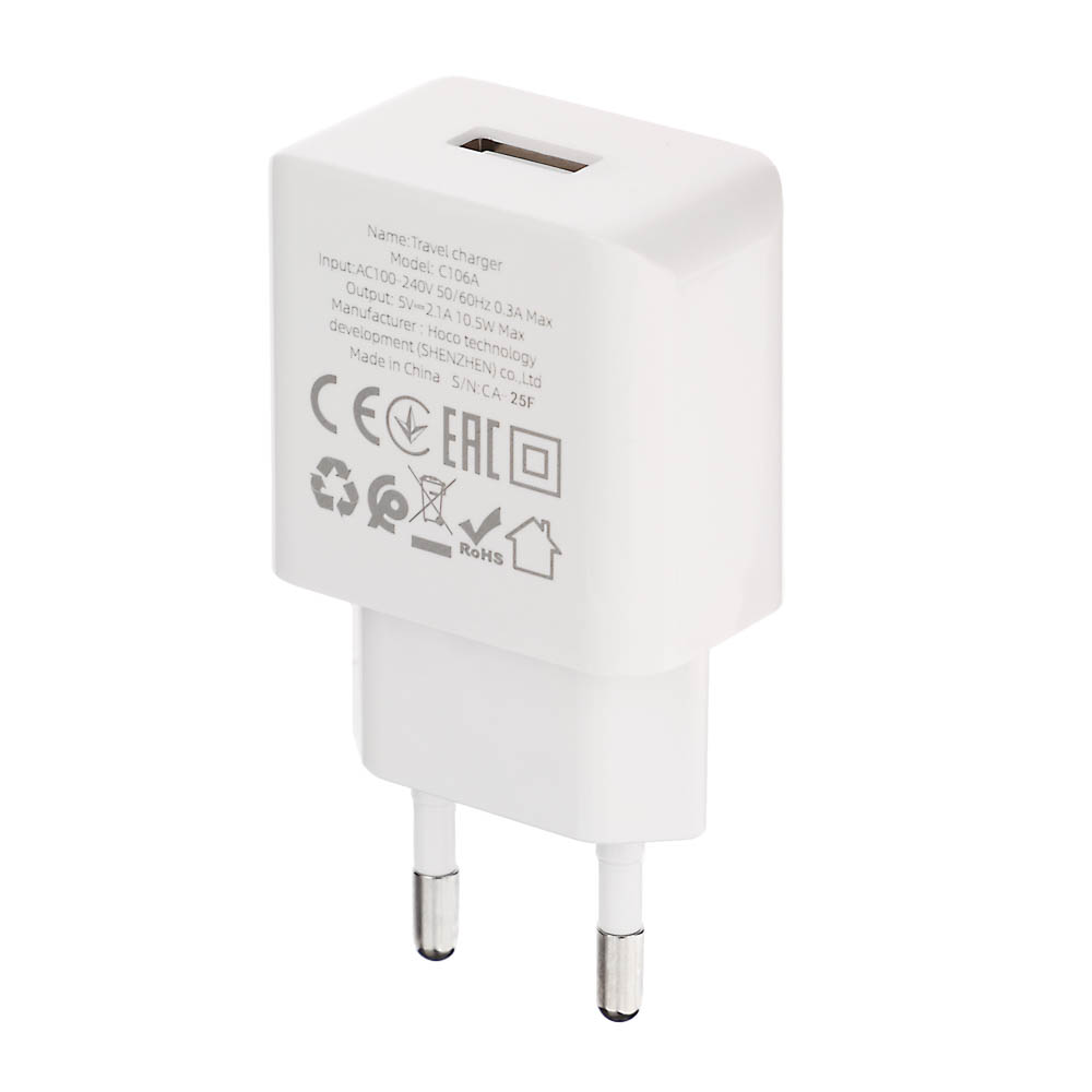 Сетевое зарядное устройство с кабелем hoco. модель C106A, USB-A 10.5Вт, каб Type-C 1м, цвет: белый, арт.№ 916-317