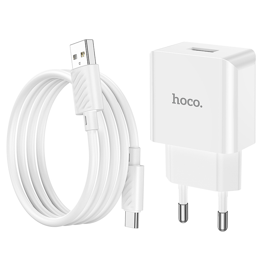 Сетевое зарядное устройство с кабелем hoco. модель C106A, USB-A 10.5Вт, каб Type-C 1м, цвет: белый, арт.№ 916-317