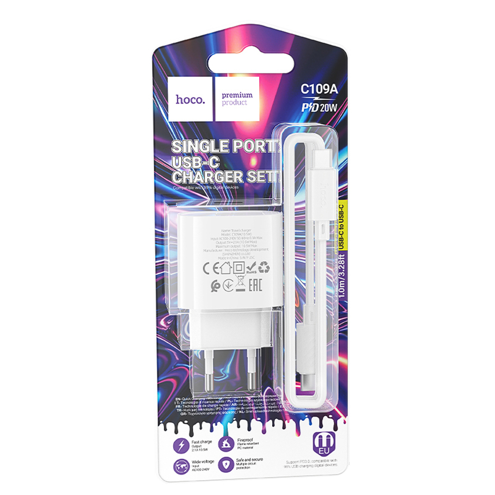 Сетевое зарядное устройство с кабелем hoco. модель C109A, USB-С 20Вт PD, каб C-C 1м, белый, арт.№ 916-318