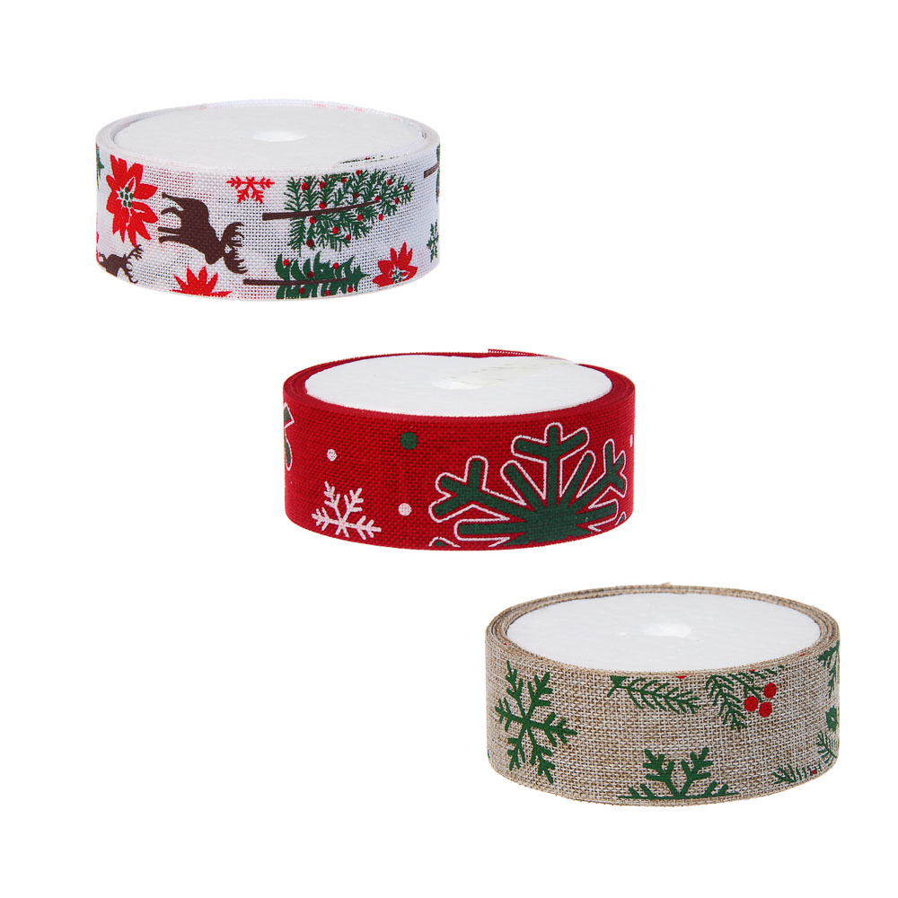 Лента для подарков новогодняя, 2,5 см x 2,7 м, полиэстер, арт.4, 3 диз., арт.№ 505-166