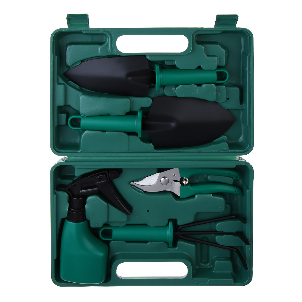 INBLOOM Набор садового инструмента (лопатка 2 шт., рыхлитель, секатор, пульверизатор), чемодан, PP, металл, арт.№ 181-104