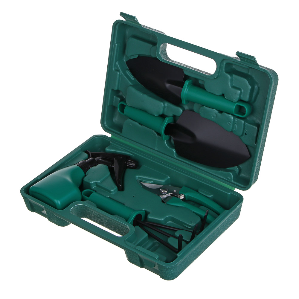 INBLOOM Набор садового инструмента (лопатка 2 шт., рыхлитель, секатор, пульверизатор), чемодан, PP, металл, арт.№ 181-104