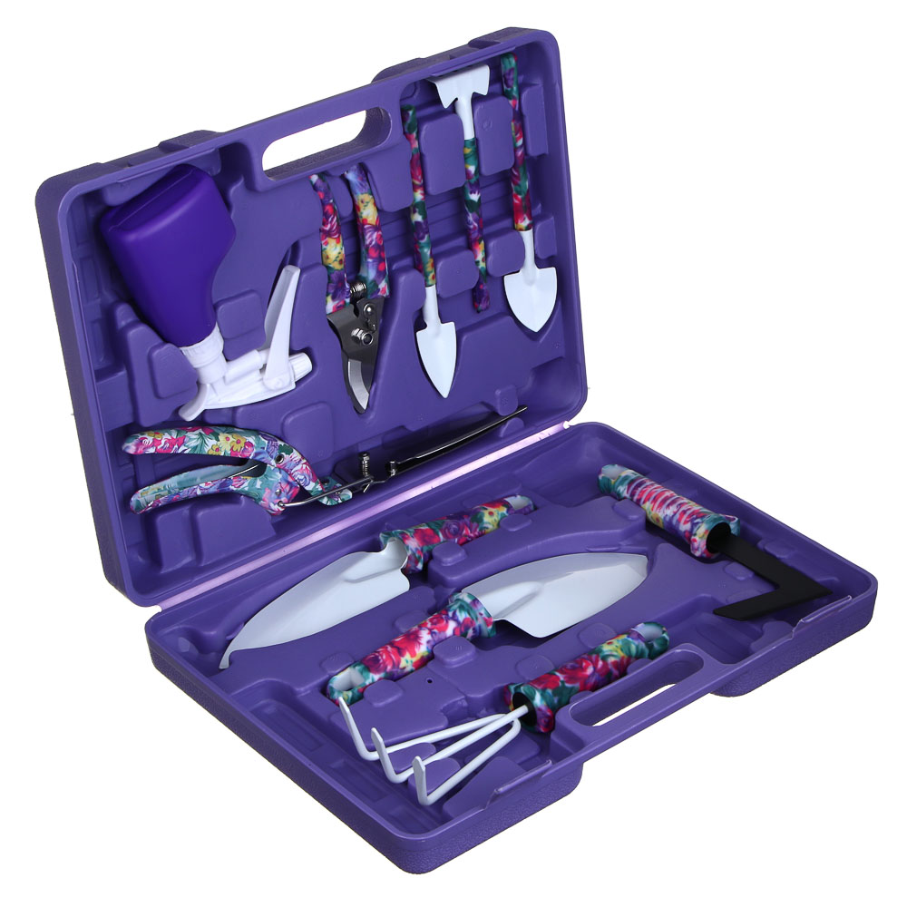 INBLOOM Набор инструмента (лопатка 4 шт., серп, грабли, секатор, ножницы, пульверизатор, рыхлитель) РР, металл, арт.№ 181-106