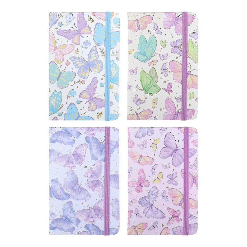 Записная книжка на резинке, А6, 9х14см, 80 л., цветной срез, закладка-лента, Бабочки, 4 дизайна, арт.№ 574-071