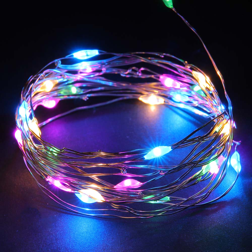 Гирлянда нить росы 1 м СНОУ БУМ, 10 LED ламп, постоянное свечение мульти, проволока серебряный цвет, 2xCR2032, арт.№ 384-331