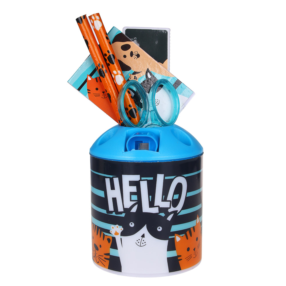 ХЭВ Э НАЙС ДЭЙ Набор канц. в стакане, 8 предм.: линейка,2каранд.,точилка, ластик, ножницы, блокнот, арт.№ 234-036