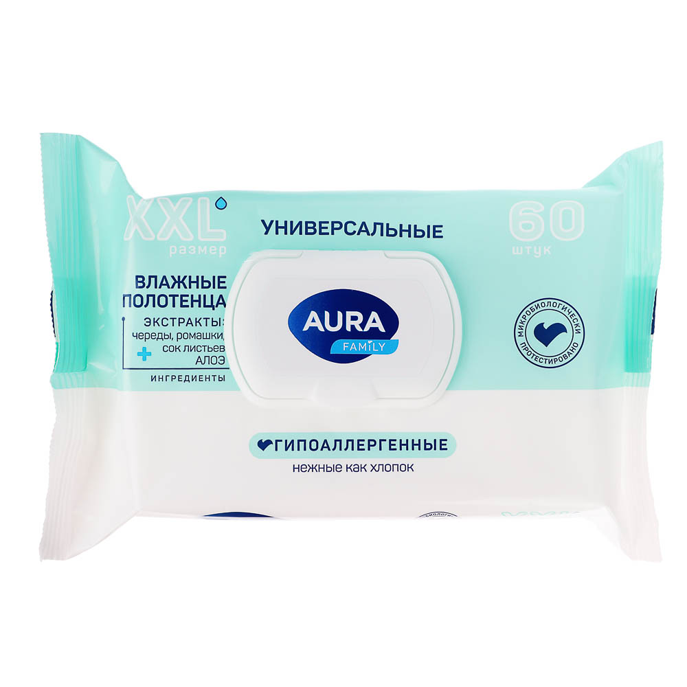 Влажные полотенца универсальные AURA Family, 60шт, арт.№ 915-007