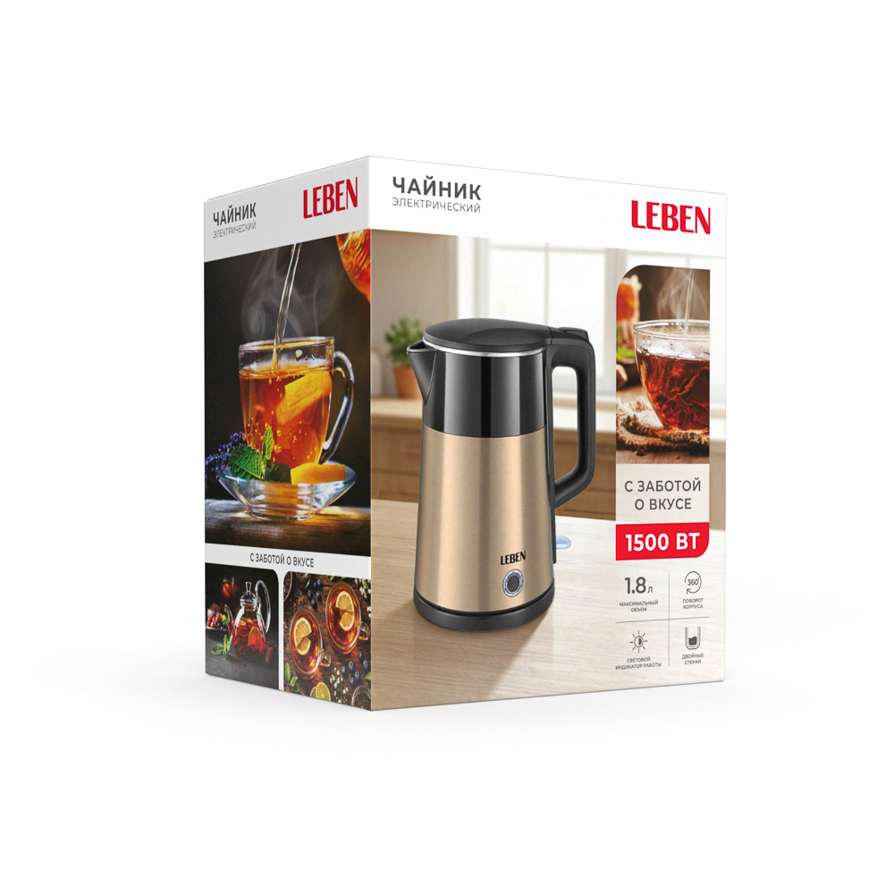 Чайник электрический тм LEBEN 1,8л, 1500Вт, 220В, материал - металл/пластик, черный, арт.№ 291-154
