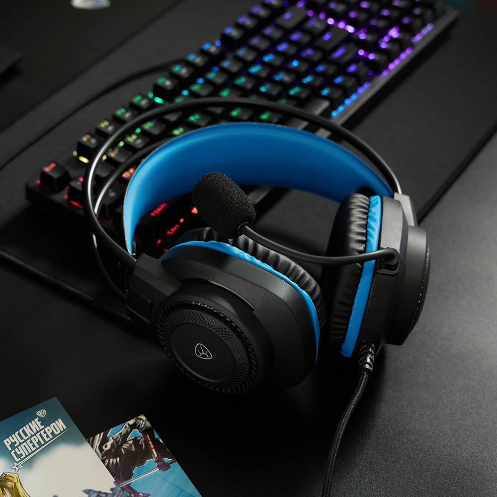 Наушники проводные с микрофоном игровые BY Сabasset 3.5мм 4pin-SPK+MIC 3,2 м, синие, арт.№ 410-081