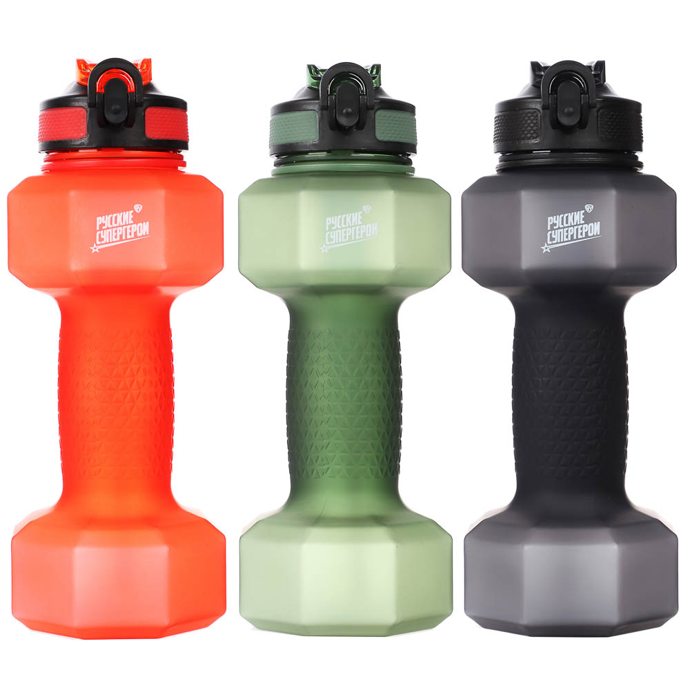 Бутылка спортивная в форме гантели, тм BY Русские Супергерои, 1000мл, 27х10см, пластик PETG, 3 цвета, арт.№ 088-150