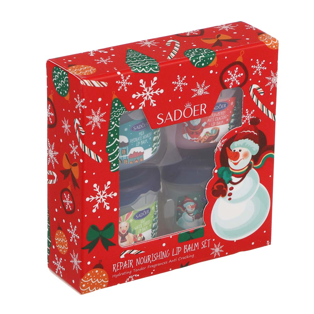Набор увлажняющих бальзамов для губ, 4 шт х 7 гр, тм SADOER Merry Xmas, подар.уп., арт.№ 022-178