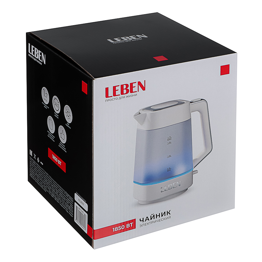 LEBEN Чайник электрический 1,7л матовое стекло, белый, арт.№ 291-140