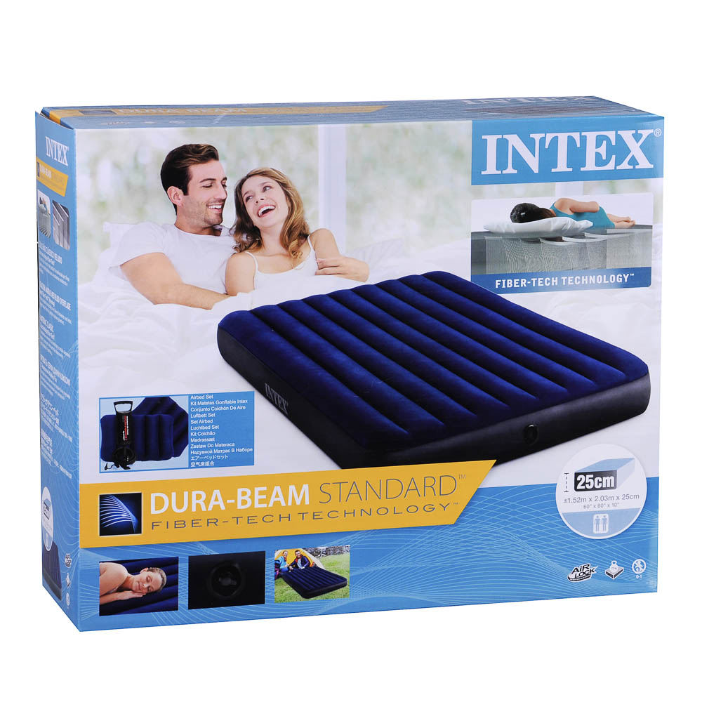 INTEX Матрас надувной CLASSIC DOWNY, в комплекте 2 подушки и насос, 203x152x25см, до 272кг, 64765, арт.№ 108-046