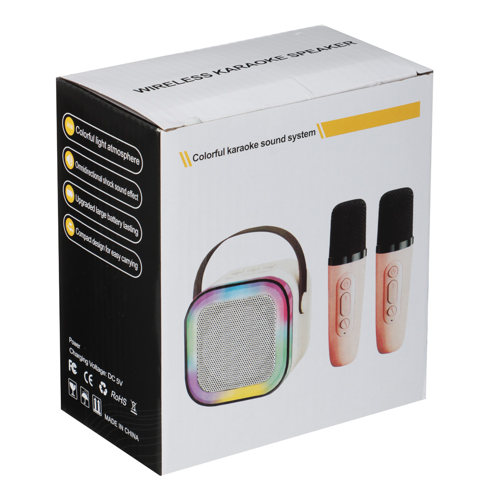 Колонка беспроводная BY Party караоке, 2 микрофона, 3Вт, 400мАч, BT5.3, USB, ВШГ 9x9x7см, белый, арт.№ 443-194