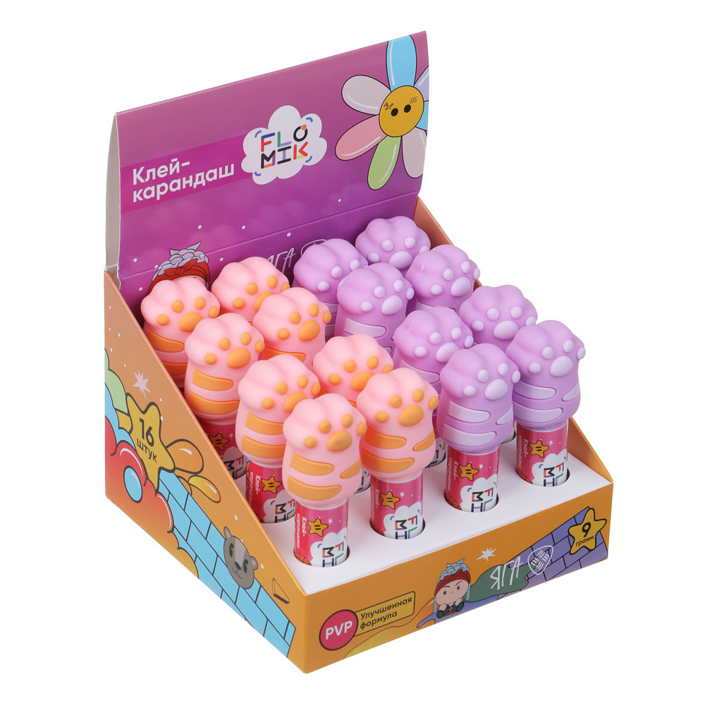 Клей-карандаш FLOMIK 9 грамм, колпачок в форме лапки, улучшенная формула PVP, арт.№ 586-001