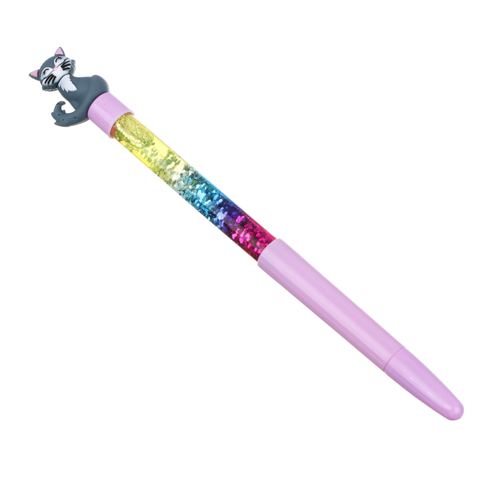 Ручка шариковая синяя, наконечник в форме котика, корпус с блестками, 20,7 см, 4 дизайна, пластик, арт.№ 591-035
