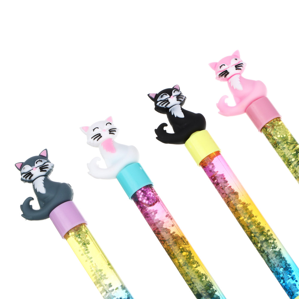 Ручка шариковая синяя, наконечник в форме котика, корпус с блестками, 20,7 см, 4 дизайна, пластик, арт.№ 591-035