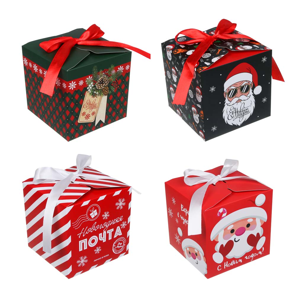 Коробка подарочная новогодняя тм СНОУ БУМ складная с бантом, 12x12x12см, 4диз, картон, арт.№ 780-017