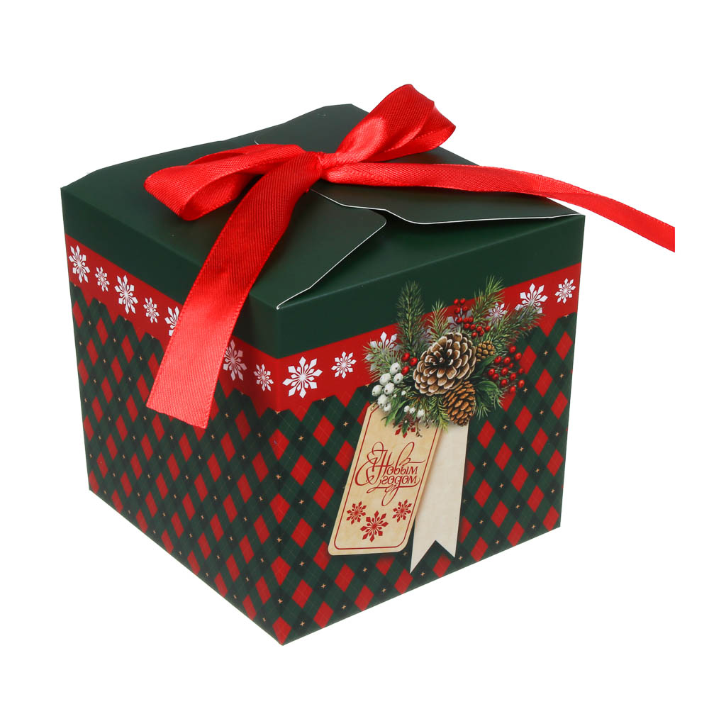 Коробка подарочная новогодняя тм СНОУ БУМ складная с бантом, 12x12x12см, 4диз, картон, арт.№ 780-017