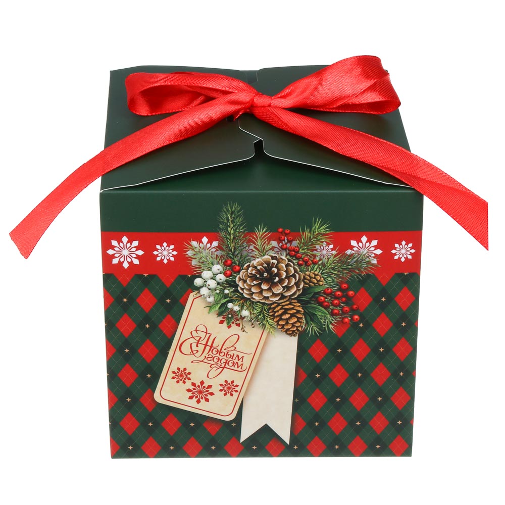 Коробка подарочная новогодняя тм СНОУ БУМ складная с бантом, 12x12x12см, 4диз, картон, арт.№ 780-017