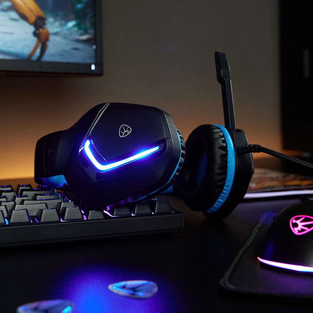 Наушники проводные с микрофоном игровые BY Bascinet USB 3,2 м, синяя подсветка, арт.№ 410-086