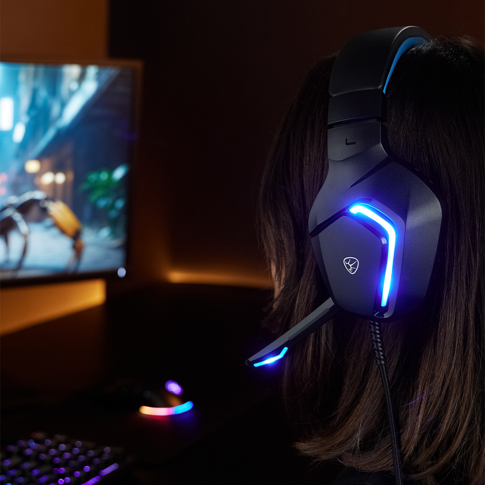 Наушники проводные с микрофоном игровые BY Bascinet USB 3,2 м, синяя подсветка, арт.№ 410-086