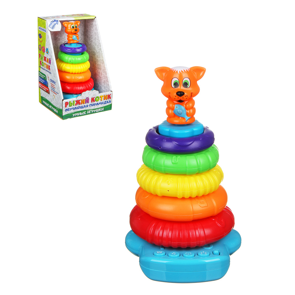 ИГРОЛЕНД Пирамидка обучающая в виде "Рыжего котика", звук, 2хАА, РР, 16х23,5х15см, арт.№ 272-715